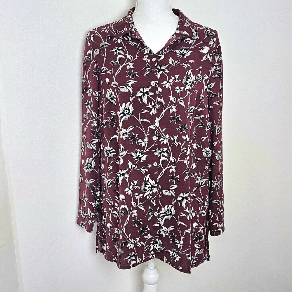 J Jill Womens Tunic Shirt‎ Size Medium Wine Floral Long Sleeve Button Front